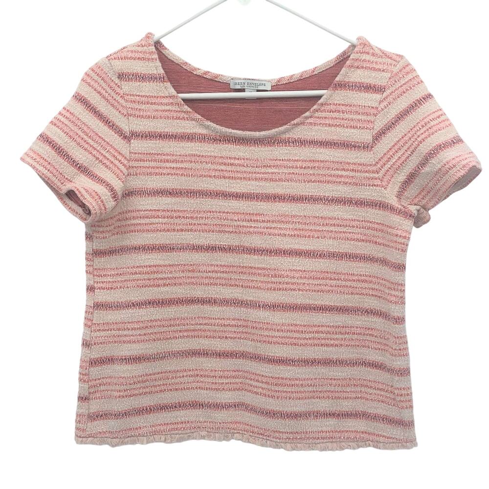 Green Envelope Pink Striped‎ Short Sleeve T Shirt Raw Hem Round Neckline BOHO M